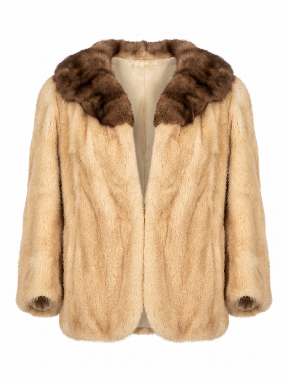 Beige Faux Fur Jacket with Brown Collar